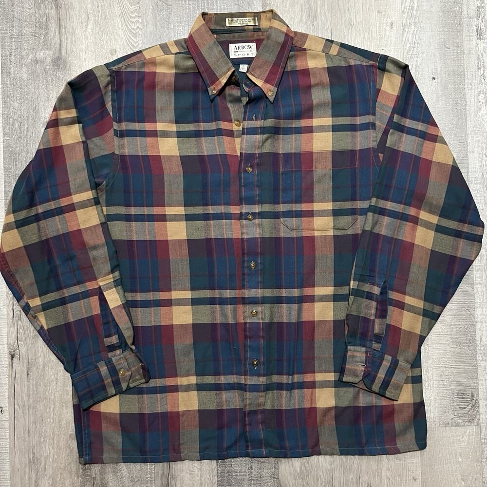 VTG Arrow Sport Multicolor Plaid Poly Cotton Lightweight Men's Button Shirt Sz L